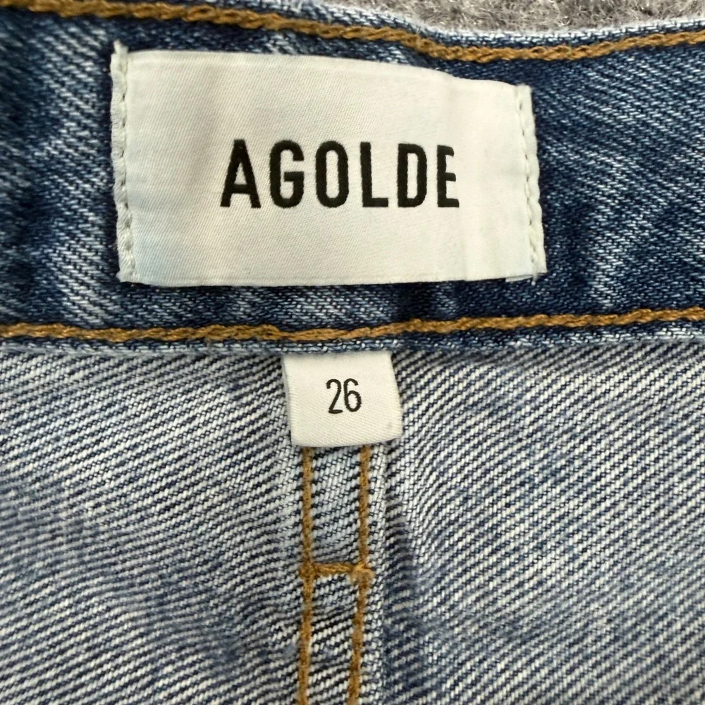 AGOLDE Parker Long High Rise Denim Shorts 26 Blue Frayed Hem